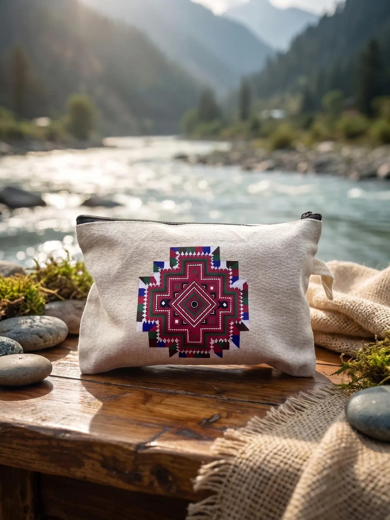 A cream canvas zip pouch with a red, green and blue geometric cross motif