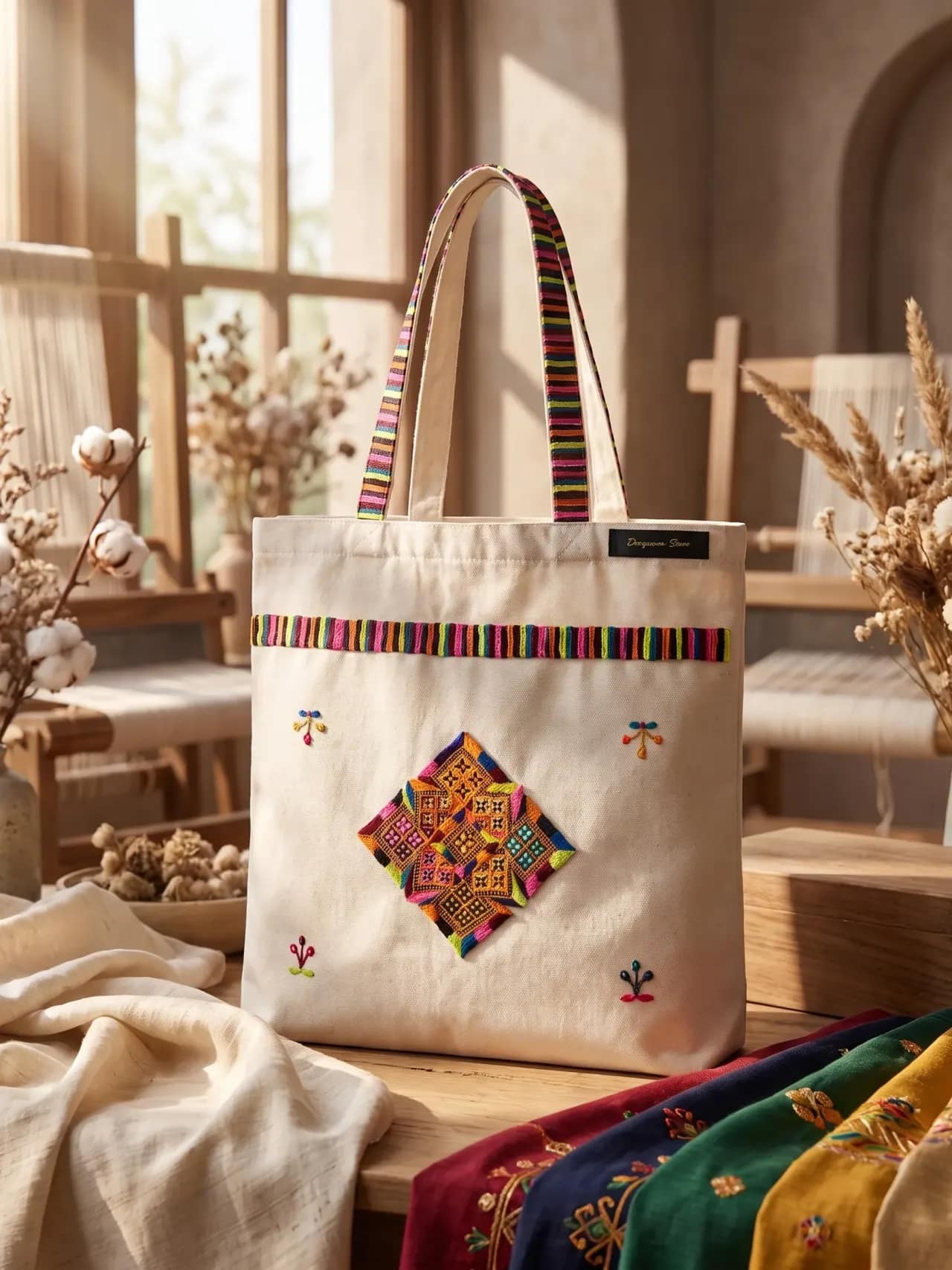 A cream canvas tote bag with rainbow-striped handles and an orange and pink diamond patchwork motif