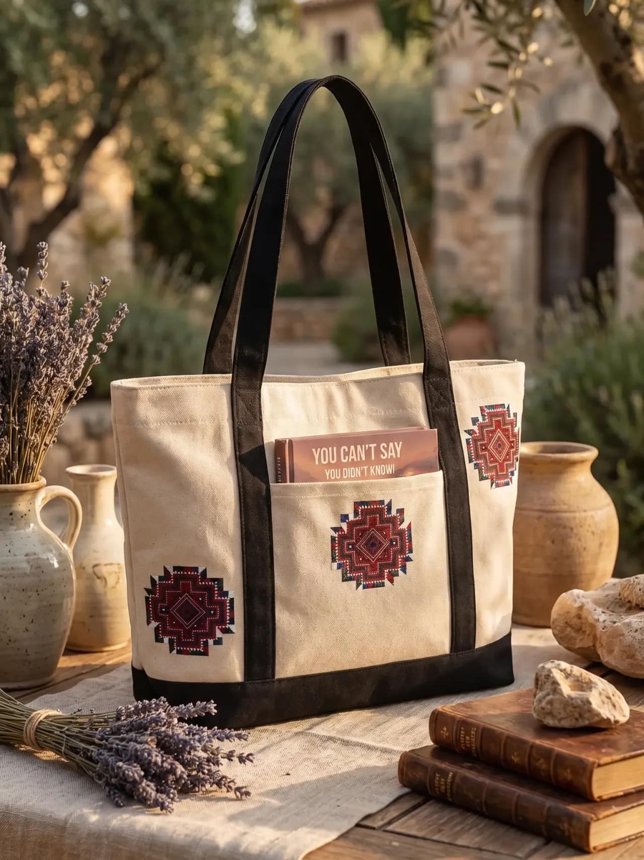 A natural canvas tote bag with black handles, a front book pocket and mirror-work diamond motifs