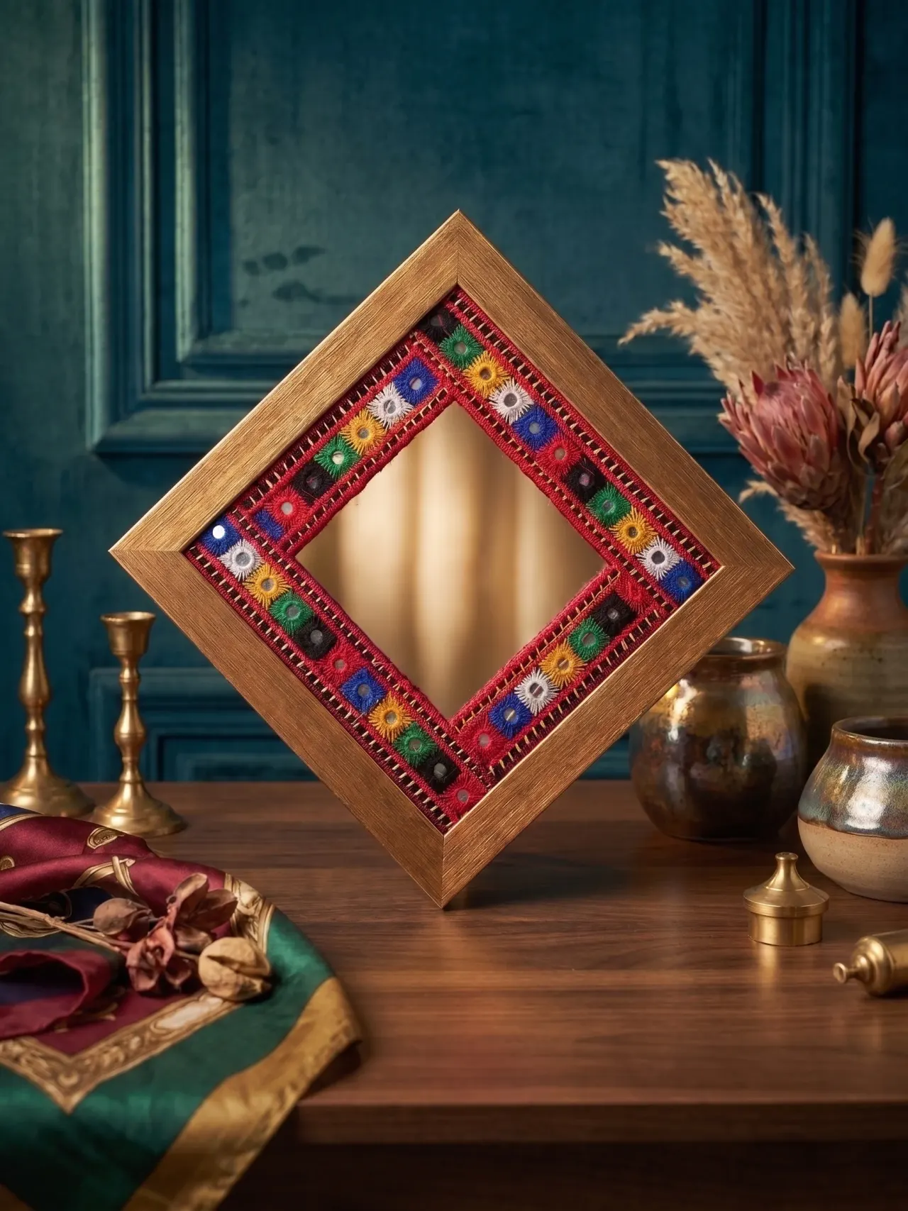 A diamond-shaped mirror framed in wood with mirror-work embroidery in red, gold and blue